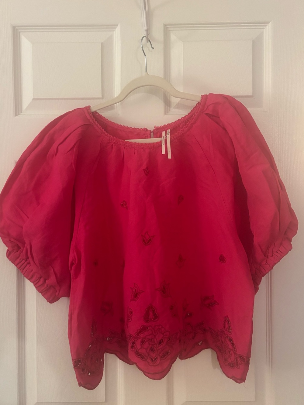 Anthropologie Hot Pink Embroidered Puff-Sleeve Blouse